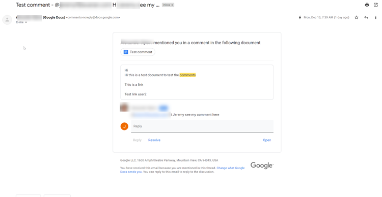 Google Docs Notification Email
