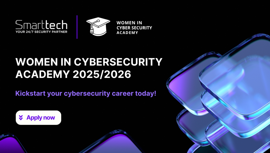 Promotional banner for Smarttech247’s Women in Cybersecurity Academy 2025/2026 featuring a purple and blue gradient design with an “Apply now” button.