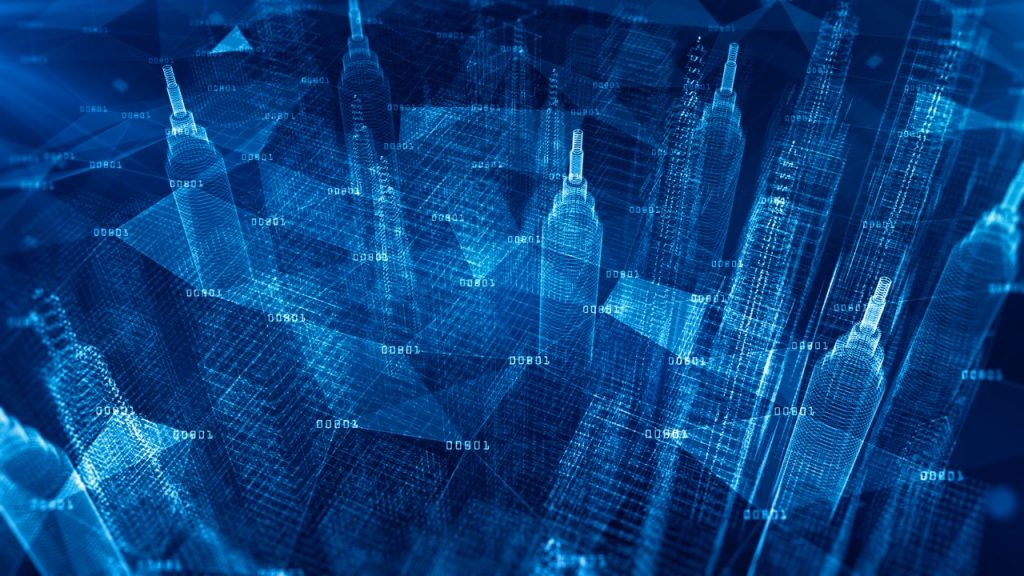 Abstract digital city skyline in blue with binary code overlay, representing attack surface management and cybersecurity visibility.