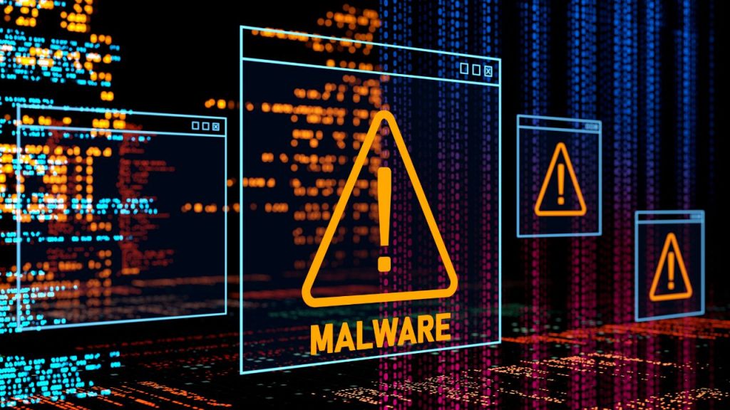 Digital warning signs showing malware alerts over computer code, representing cybersecurity risks and vulnerability management challenges.