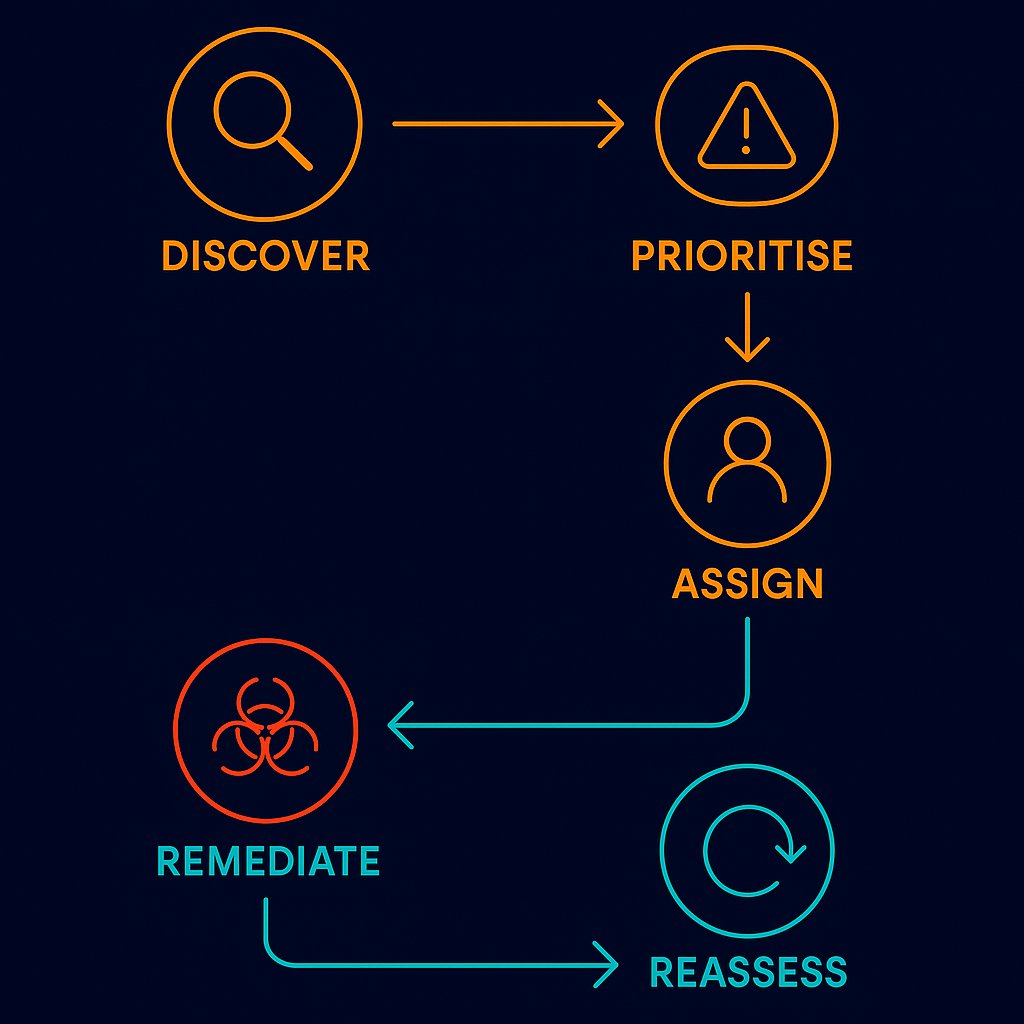 Lifecycle diagram showing the vulnerability management process: discover, prioritise, assign, remediate, and reassess.